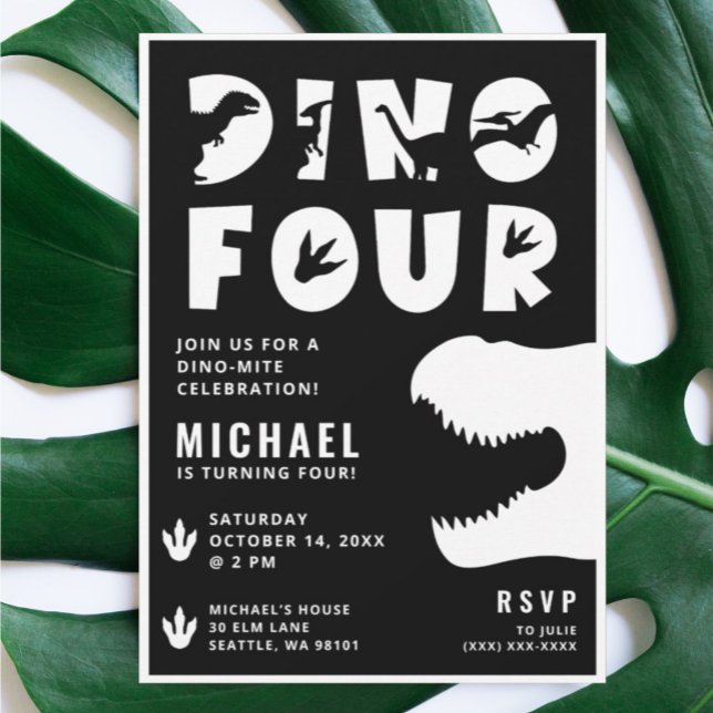 Dino Four Black Dinosaur 4th Birthday Party Invitation (Creator Uploaded)