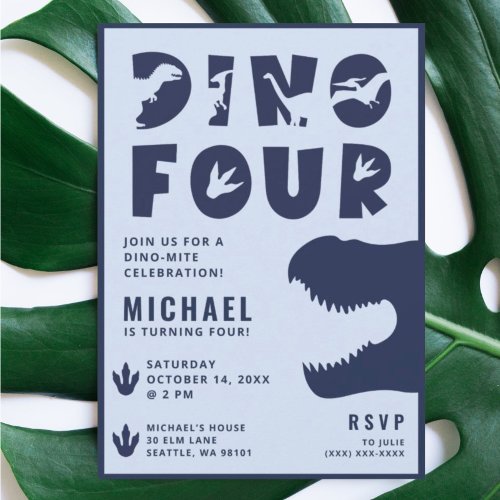 Dino Four Blue Dinosaur 4th Birthday Party Invitation