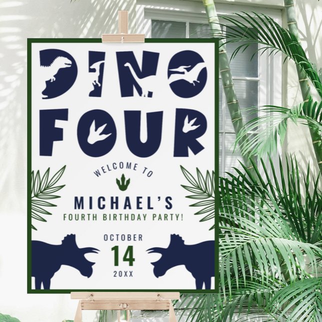 Dino Four Blue Dinosaur 4th Birthday Welcome Sign (Creator Uploaded)