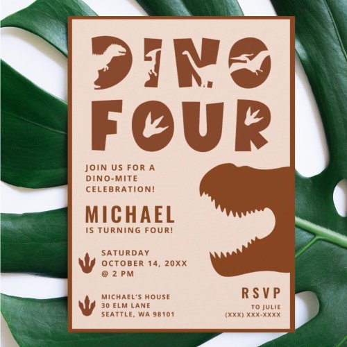Dino Four Burnt Orange Dinosaur 4th Birthday Party Invitation