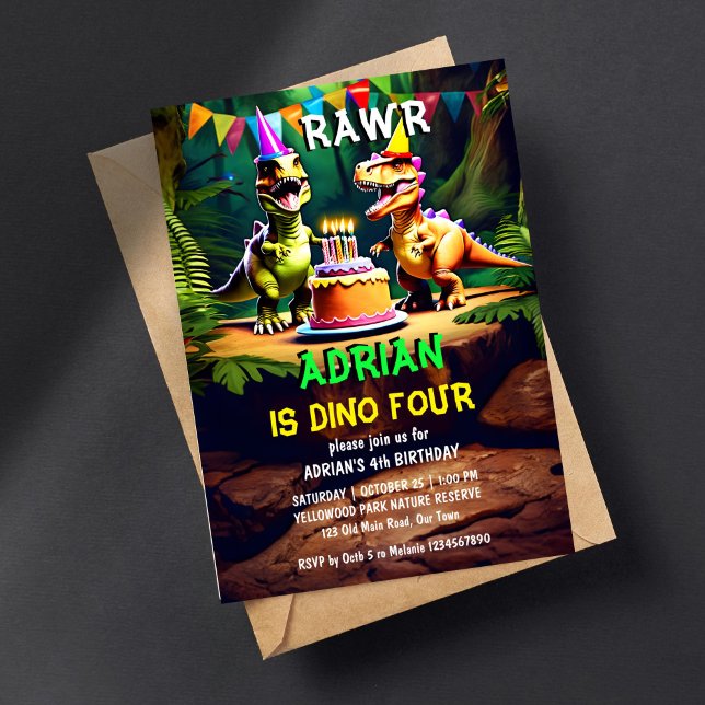Dino four colorful dinosaur birthday template (Dino four dinosaur birthday party editable template invitation digital download t-rex dinosaurs)