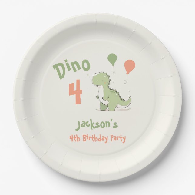 Dino Four Dinosaur 4th Birthday Party Paper Plates (Front)