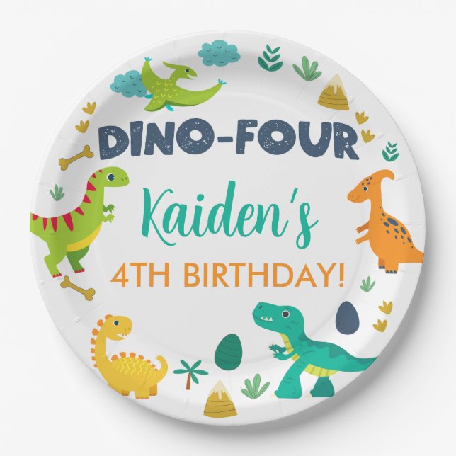 Dino Four dinosaurs boy birthday paper plates. Plates (Front)