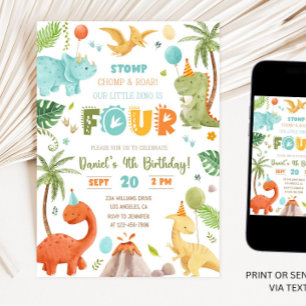 Dino Four Fourth Birthday Party 4th Birthday TRex  Invitation