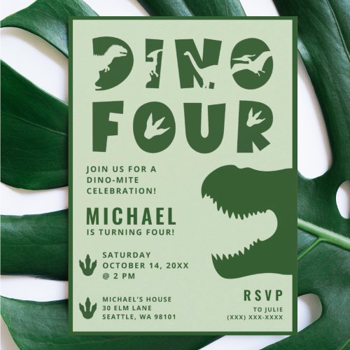 Dino Four Green Dinosaur 4th Birthday Party Invitation