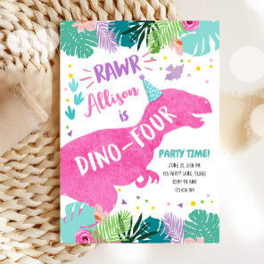 Dino-Four Pink Dinosaur Girl 4th Fourth Birthday Invitation