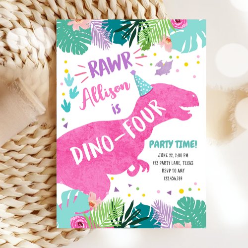 Dino_Four Pink Dinosaur Girl 4th Fourth Birthday Invitation