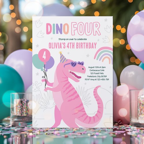 Dino Four Pink T_Rex Dinosaur 4th Birthday Party  Invitation