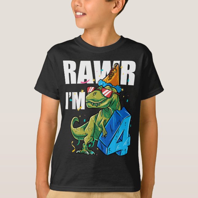Dino Four Rawr Im 4 Roar Im 4 Years Old Dinosaur T-Shirt (Front)
