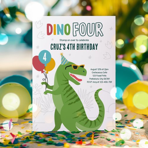 Dino Four T_Rex Dinosaur 4th Birthday Party  Invitation