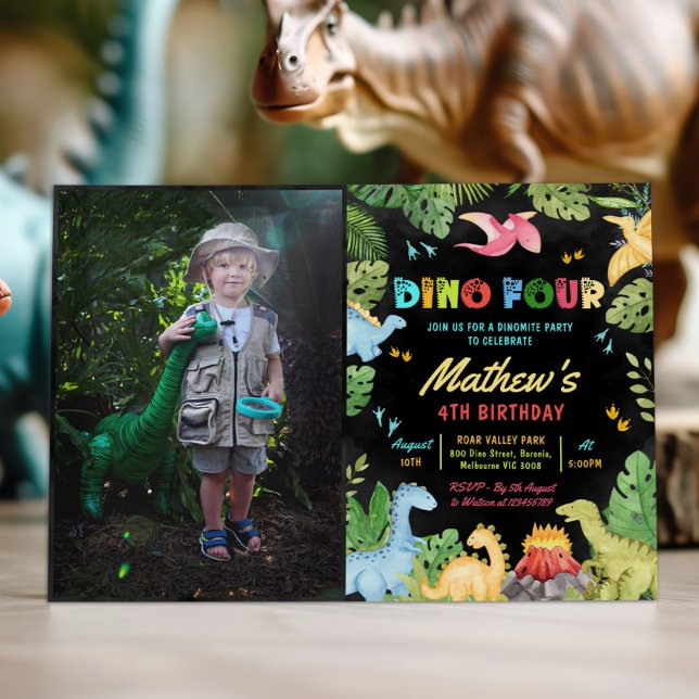 Dino Four T-Rex Dinosaur 4th Birthday Party Photo Invitation (Creator Uploaded)