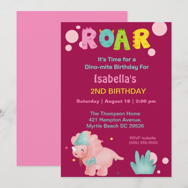 Dino Girls 2nd Birthday Party Invitation (Front/Back)