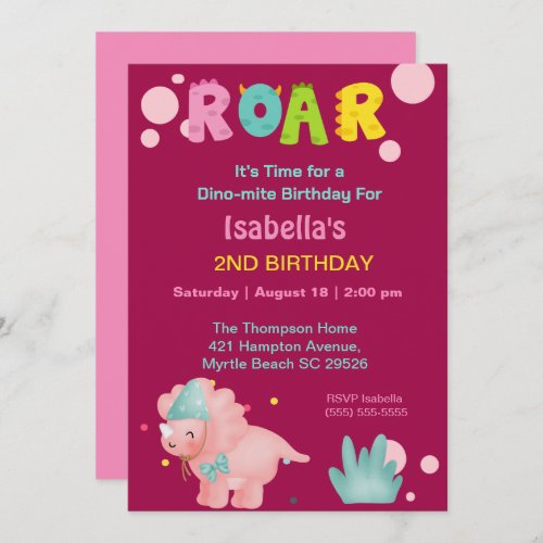 Dino Girls 2nd Birthday Party Invitation