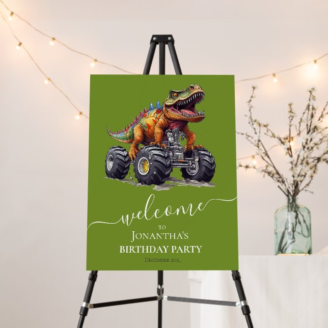 Dino Green Monster Truck Birthday Party Welcome Foam Board (In Situ (Stand))