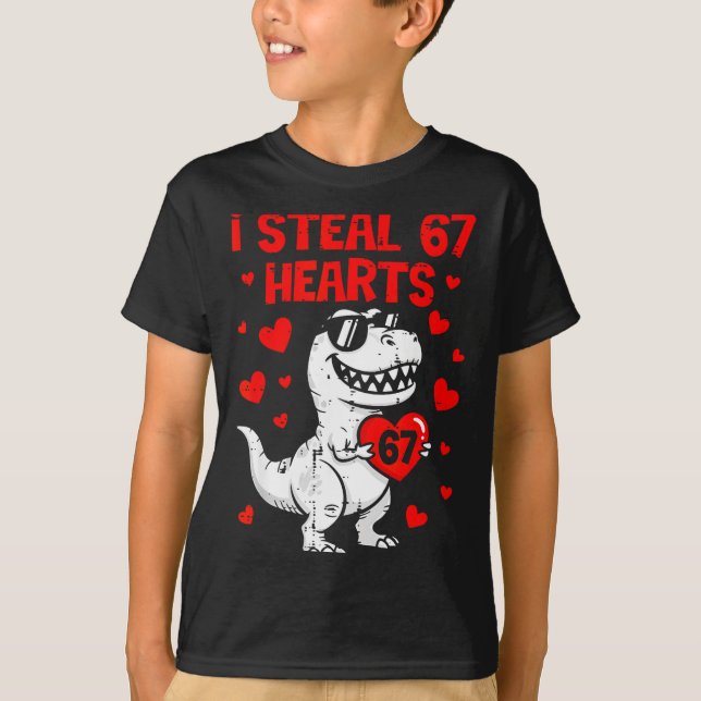 Dino Holding Heart I Steal 67 Hearts Funny Six Sev T-Shirt (Front)