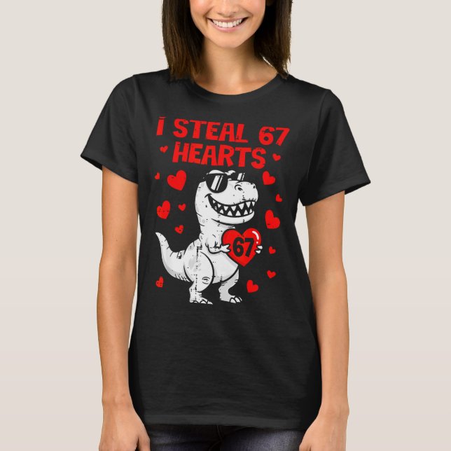Dino Holding Heart I Steal 67 Hearts Funny Six Sev T-Shirt (Front)