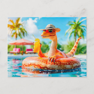 Dino in Pool with Cocktail Holiday Postcard