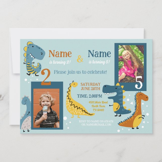 Dino Kids Birthday Girls Boys Photo Shared Party Invitation (Front)