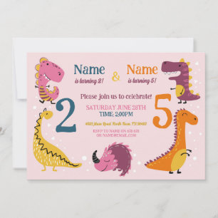 Dino Kids Birthday Girls Pink Any Age Joint Party Invitation