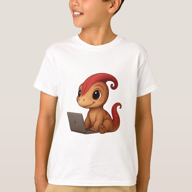 Dino Kids Shirt – Dino Kammli am Laptop (Front)