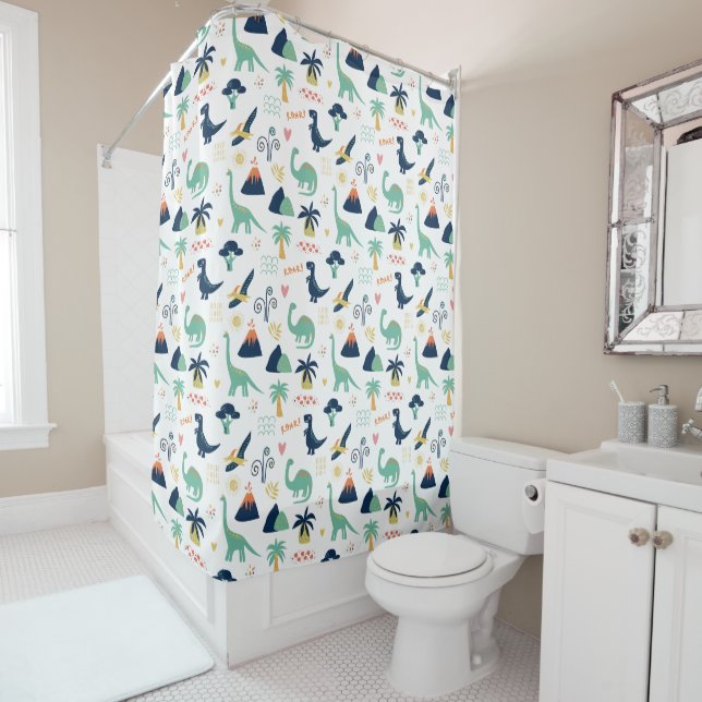 Dino Land White Shower Curtain (In Situ)