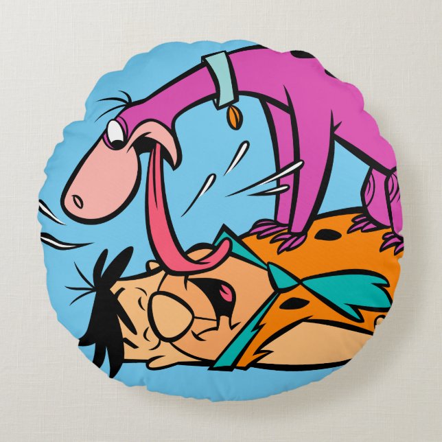 Dino Licking Fred Flintstone Round Pillow (Front)