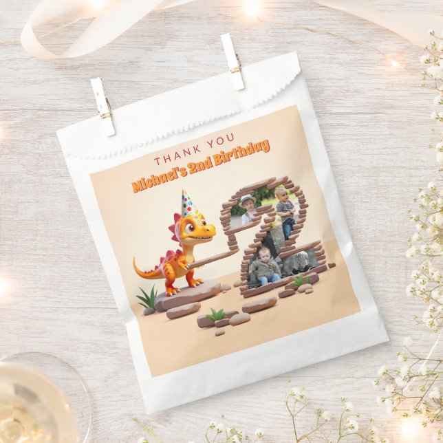 Dino Little Dragon | 2nd Birthday Big Number Photo Favor Bag (Clipped)