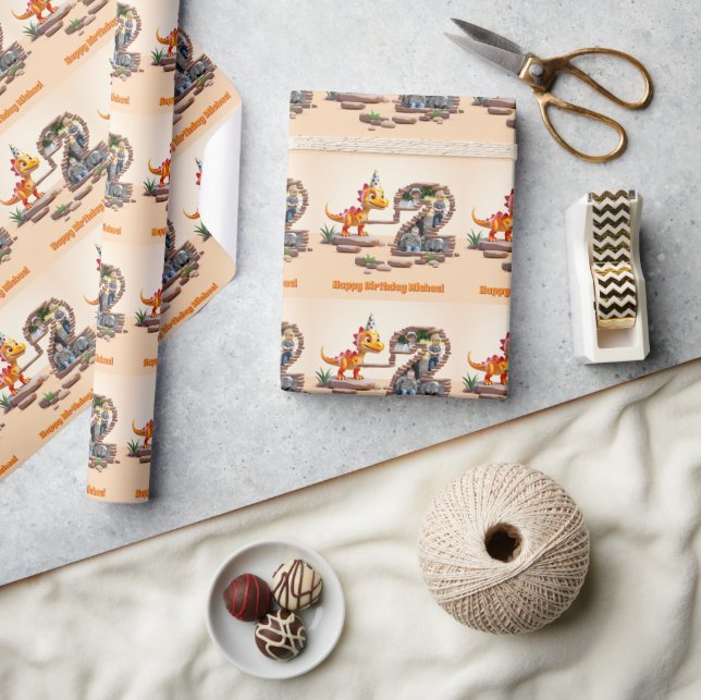 Dino Little Dragon | Photo Big Number 2nd Birthday Wrapping Paper (Crafts)