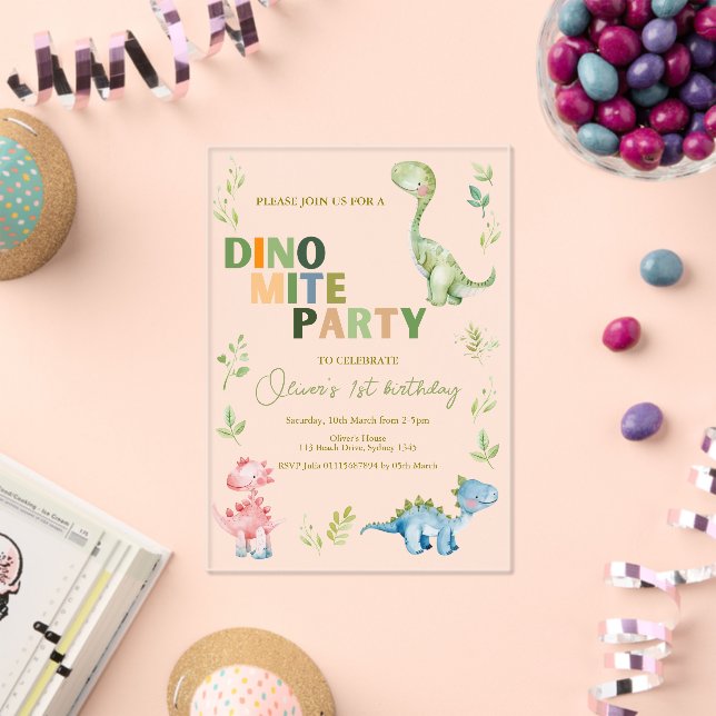 Dino-mite 1st birthday party acrylic invitations (Insitu (Celebration))