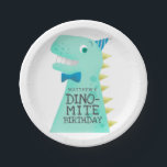 DINO-MITE Dinosaur Boys Birthday Party Paper Plates<br><div class="desc">Funny and cute birthday party paper plate for your child's dinosaur theme party. Cartoon style illustration of a green dinosaur with yellow spikes. The t rex is wearing a blue bow tie and a tiny party hat. On his body there is a text that says "Matthew's DINO-MITE birthday" You can...</div>