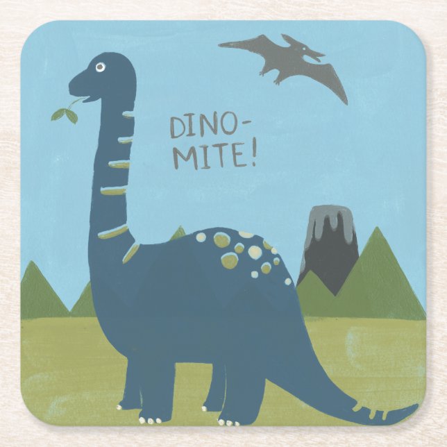 Dino-mite Dinosaur Square Paper Coaster (Front)