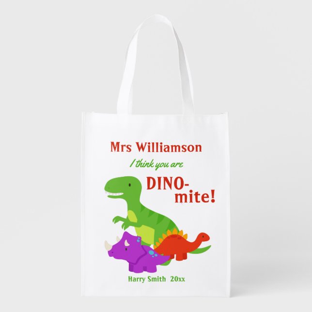Dino-mite Dinosaur Teacher Appreciation Grocery Bag (Front)