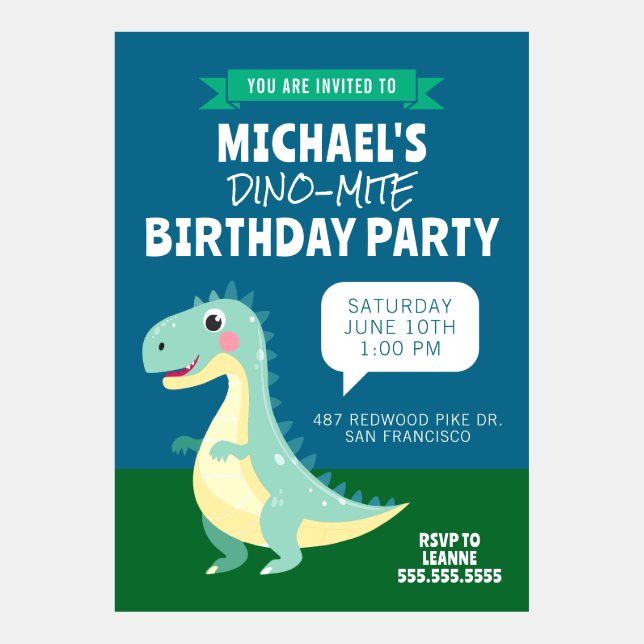 Dino-Mite Kids Birthday Dinosaur Party Invitation (Front)