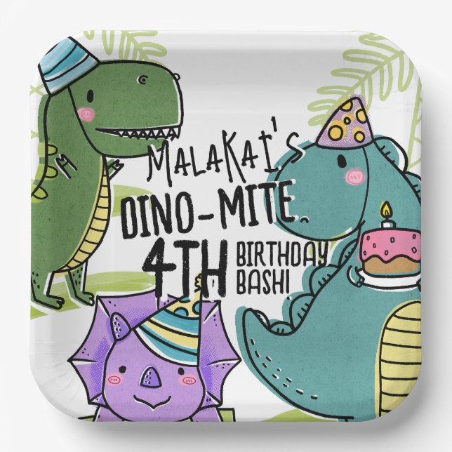 Dino-Mite Kid's Birthday Party Dinosaur Paper Plates (Front)