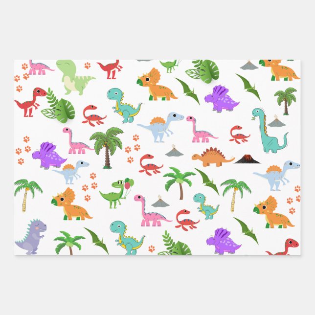 "Dino-mite Party: Jurassic Joy Unleashed! Wrapping Paper Sheets (Front)