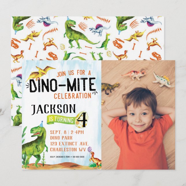 Dino-Mite Photo Dinosaur Birthday Invitation (Front/Back)