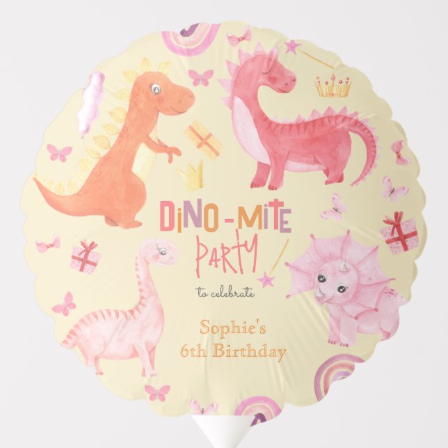 Dino-mite pink dino birthday party balloon (Front)