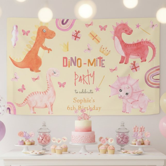Dino-mite pink dino birthday party banner (Creator Uploaded)