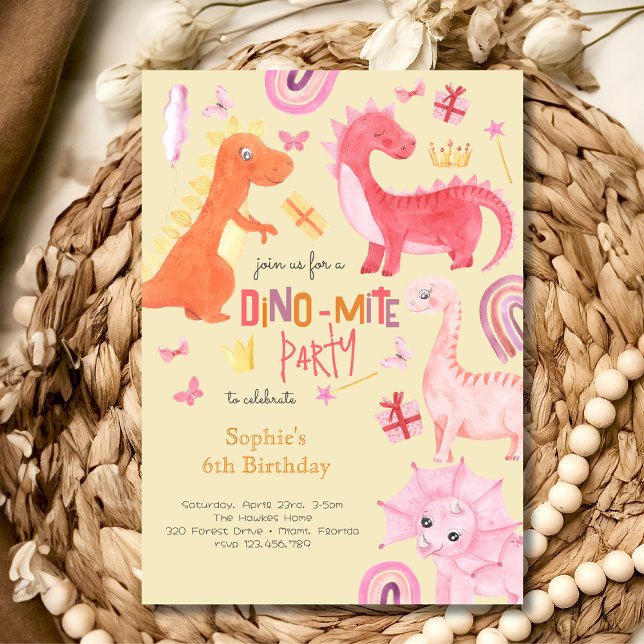 Dino-mite pink dino birthday party invitation (Creator Uploaded)