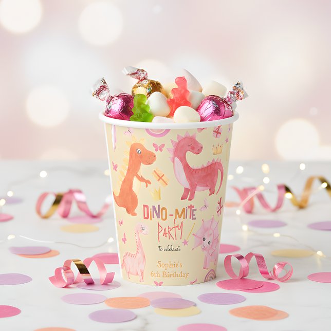 Dino-mite pink dino birthday party paper cups (Creator Uploaded)