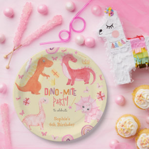 Dino-mite pink dino birthday party paper plates