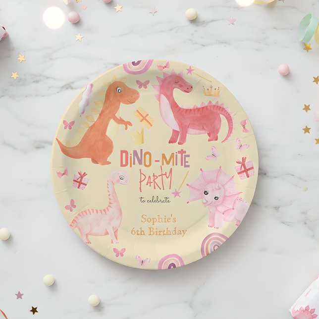 Dino-mite pink dino birthday party paper plates (Creator Uploaded)