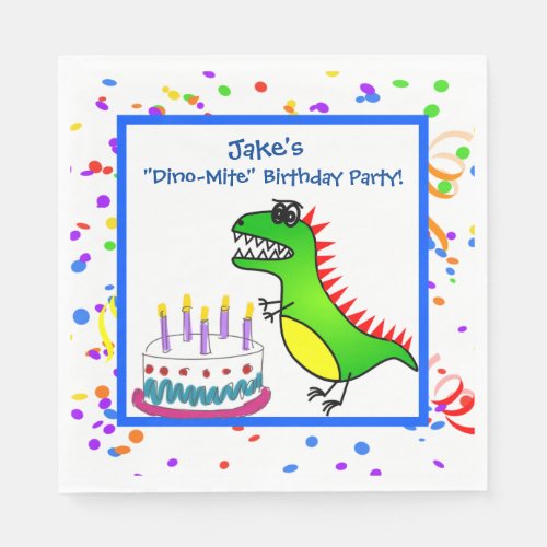 Dino_Mite Time Dinosaur and Cake Birthday Party Paper Napkins