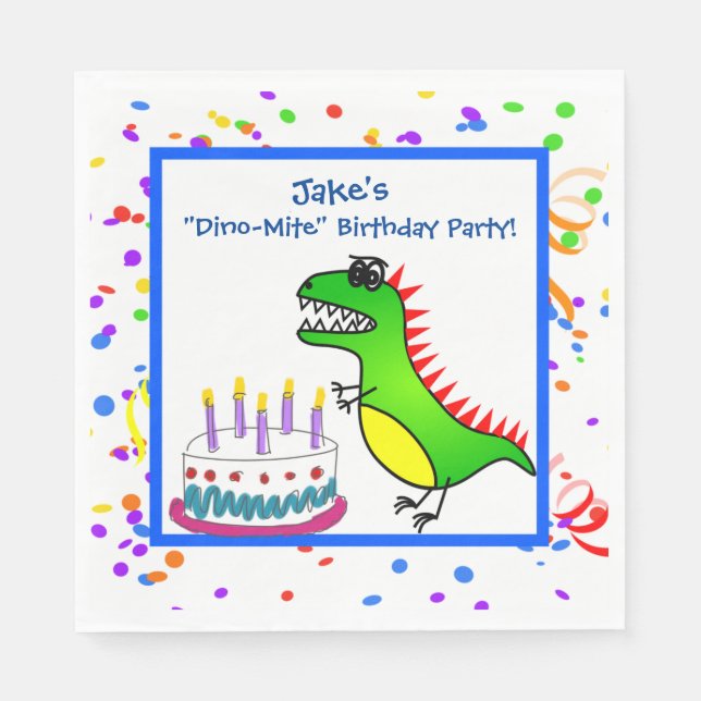 Dino-Mite Time Dinosaur and Cake Birthday Party Paper Napkins (Front)