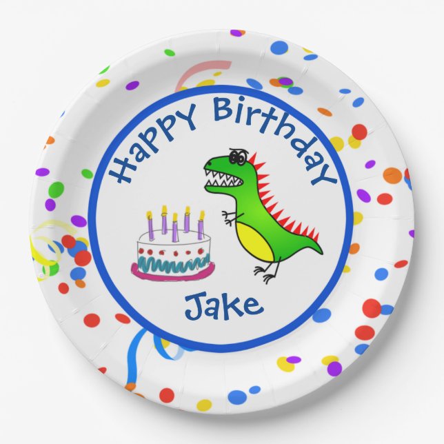 Dino-Mite Time Dinosaur and Cake Birthday Party Paper Plates (Front)