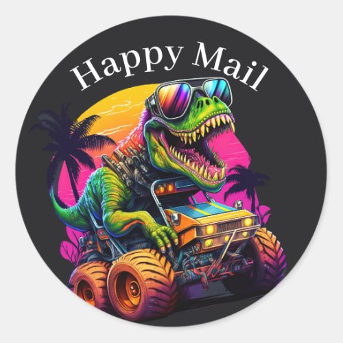 Dino Monster Truck Happy Mail Classic Round Sticker