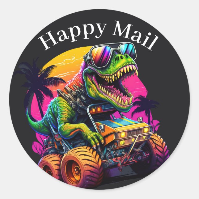 Dino Monster Truck Happy Mail Classic Round Sticker (Front)