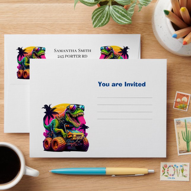 Dino Monster Truck You are Invited Blue Balloons Envelope (Desk)