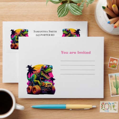 Dino Monster Truck You are Invited Pink Envelope