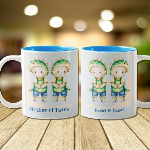 Dino Mother of Boy Twins Personalized Blue Two_Tone Coffee Mug